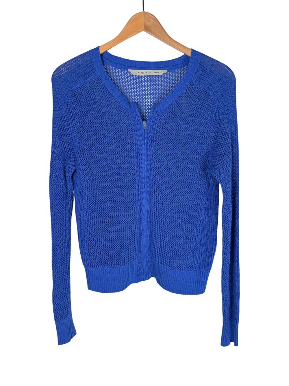 Athleta Caspian Blue Sweater Zip Open Knit Cardigan S Tennis Preppy Resortwear - Picture 4 of 8